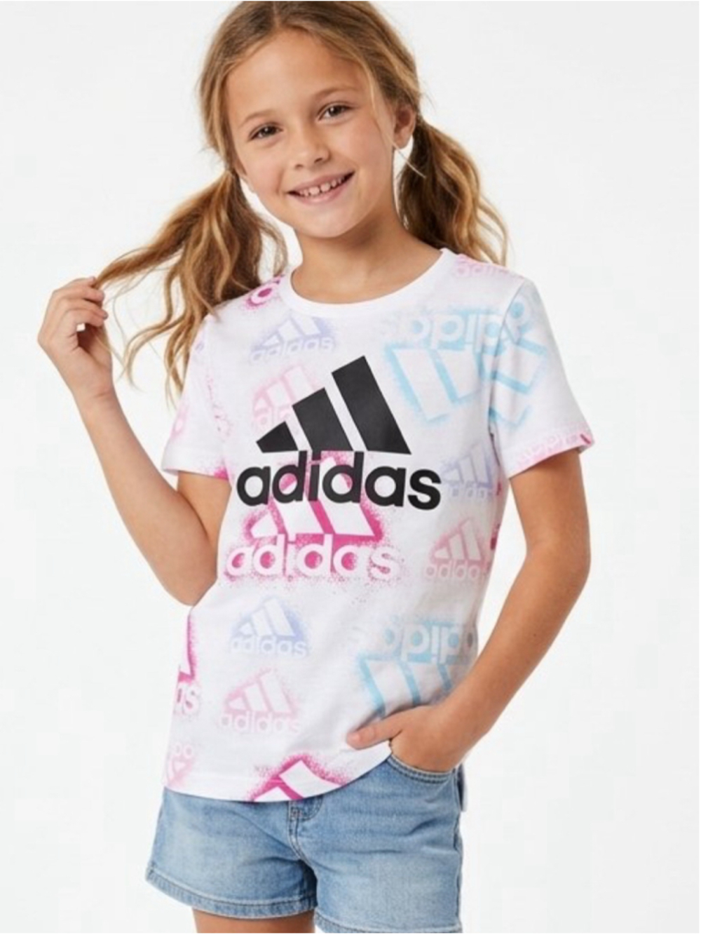 Girls Adidas Logo Print Short Sleeve Tee White Pink Size Medium 10/12 - 877